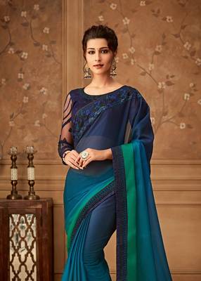 Blue Silk Chiffon Stylish Embellished Saree,Sari Comes With Embroidered Blouse 2