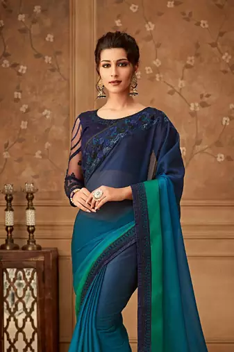 Blue Silk Chiffon Stylish Embellished Saree,Sari Comes With Embroidered Blouse