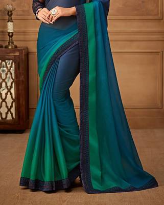 Blue Silk Chiffon Stylish Embellished Saree,Sari Comes With Embroidered Blouse 3