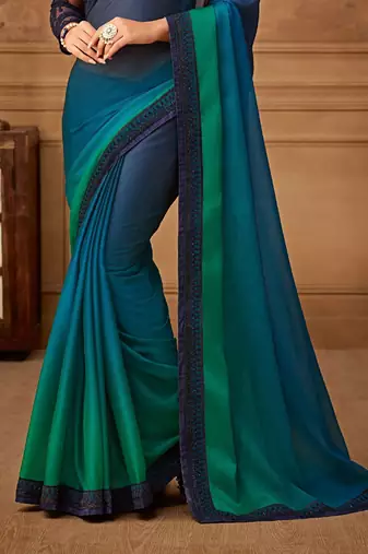 Blue Silk Chiffon Stylish Embellished Saree,Sari Comes With Embroidered Blouse