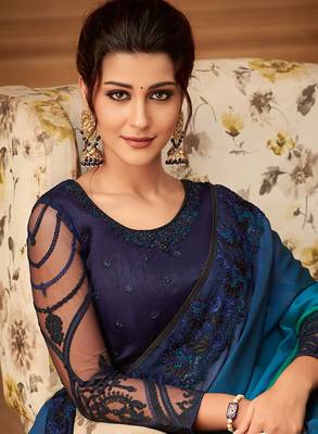 Blue Silk Chiffon Stylish Embellished Saree,Sari Comes With Embroidered Blouse 4