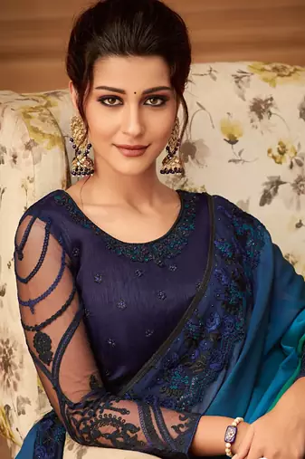 Blue Silk Chiffon Stylish Embellished Saree,Sari Comes With Embroidered Blouse