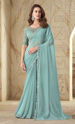 Sea Green Georgette Embellished Saree,Sari Comes With Embroidered Blouse 1