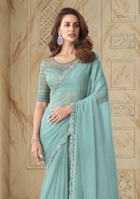 Sea Green Georgette Embellished Saree,Sari Comes With Embroidered Blouse 2