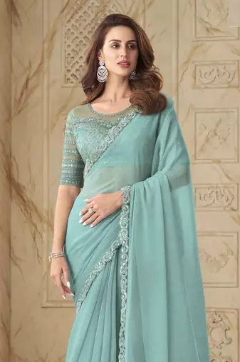 Sea Green Georgette Embellished Saree,Sari Comes With Embroidered Blouse