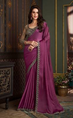Pink Chiffon Stylish Embellished Saree,Sari Comes With Embroidered Blouse 1