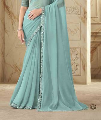 Sea Green Georgette Embellished Saree,Sari Comes With Embroidered Blouse 3