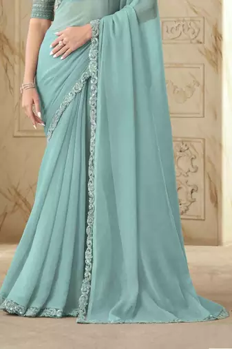 Sea Green Georgette Embellished Saree,Sari Comes With Embroidered Blouse
