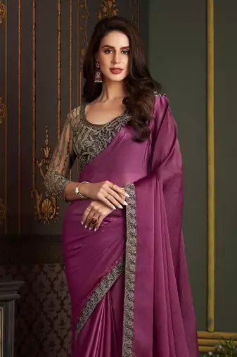 Pink Chiffon Stylish Embellished Saree,Sari Comes With Embroidered Blouse