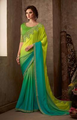 Green Silk Chiffon Stylish Embellished Saree,Sari Comes With Embroidered Blouse 1