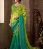 Green Silk Chiffon Stylish Embellished Saree,Sari Comes With Embroidered Blouse