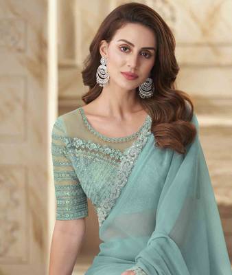 Sea Green Georgette Embellished Saree,Sari Comes With Embroidered Blouse 4