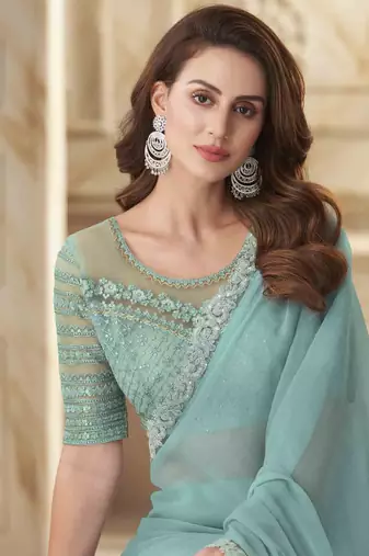 Sea Green Georgette Embellished Saree,Sari Comes With Embroidered Blouse