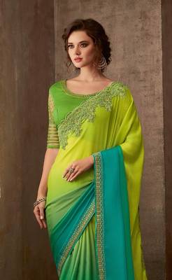 Green Silk Chiffon Stylish Embellished Saree,Sari Comes With Embroidered Blouse 2