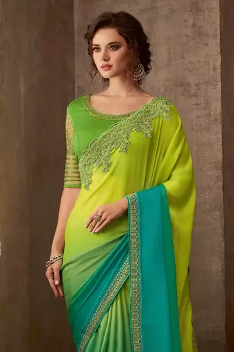 Green Silk Chiffon Stylish Embellished Saree,Sari Comes With Embroidered Blouse