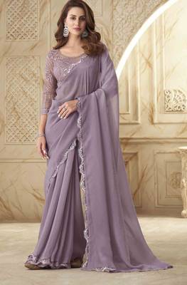 Lavender Georgette Embellished Saree,Sari Comes With Embroidered Blouse 1