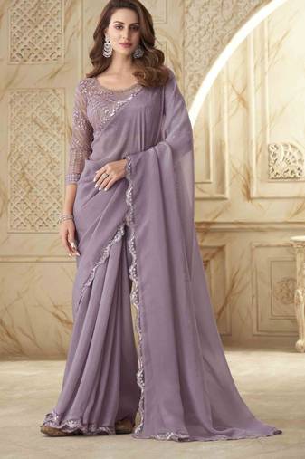 Lavender Georgette Embellished Saree,Sari Comes With Embroidered Blouse