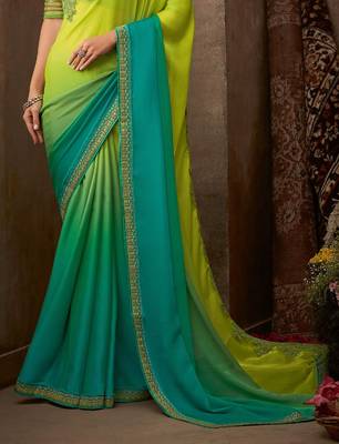 Green Silk Chiffon Stylish Embellished Saree,Sari Comes With Embroidered Blouse 3