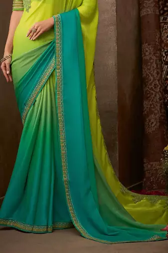 Green Silk Chiffon Stylish Embellished Saree,Sari Comes With Embroidered Blouse
