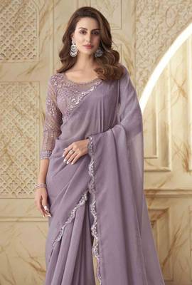 Lavender Georgette Embellished Saree,Sari Comes With Embroidered Blouse 2