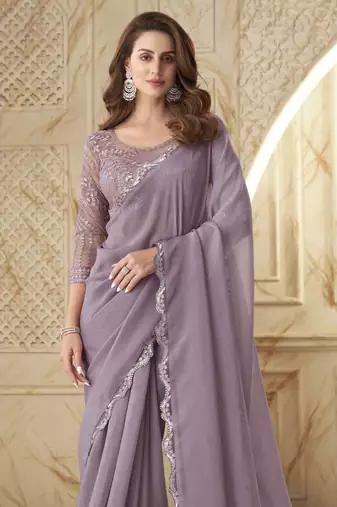 Lavender Georgette Embellished Saree,Sari Comes With Embroidered Blouse