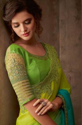 Green Silk Chiffon Stylish Embellished Saree,Sari Comes With Embroidered Blouse 4