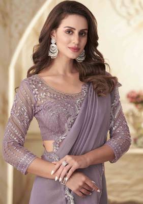 Lavender Georgette Embellished Saree,Sari Comes With Embroidered Blouse 4