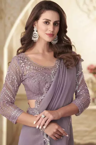 Lavender Georgette Embellished Saree,Sari Comes With Embroidered Blouse