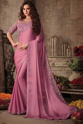 Pink Silk Chiffon Stylish Embellished Saree,Sari Comes With Embroidered Blouse 1