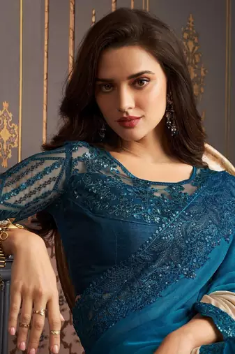 Blue Silk Stylish Embellished Saree,Sari Comes With Embroidered Blouse