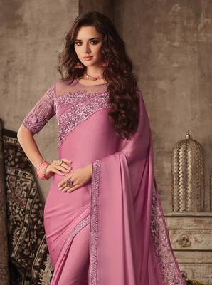 Pink Silk Chiffon Stylish Embellished Saree,Sari Comes With Embroidered Blouse 2