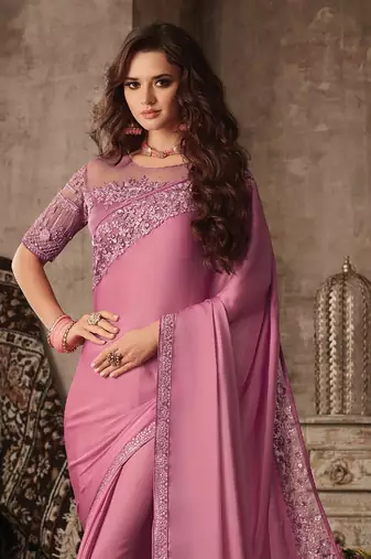 Pink Silk Chiffon Stylish Embellished Saree,Sari Comes With Embroidered Blouse