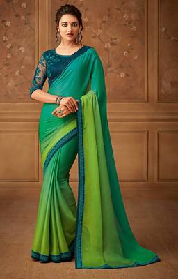 Green Silk Chiffon Stylish Embellished Saree,Sari Comes With Embroidered Blouse 1