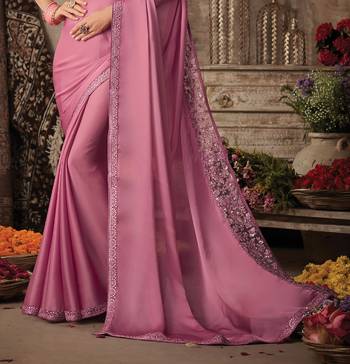 Pink Silk Chiffon Stylish Embellished Saree,Sari Comes With Embroidered Blouse 3