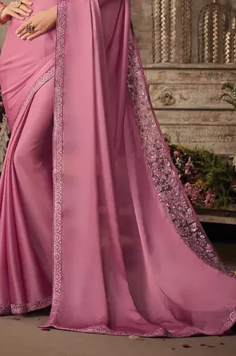 Pink Silk Chiffon Stylish Embellished Saree,Sari Comes With Embroidered Blouse