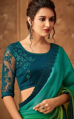 Green Silk Chiffon Stylish Embellished Saree,Sari Comes With Embroidered Blouse 2
