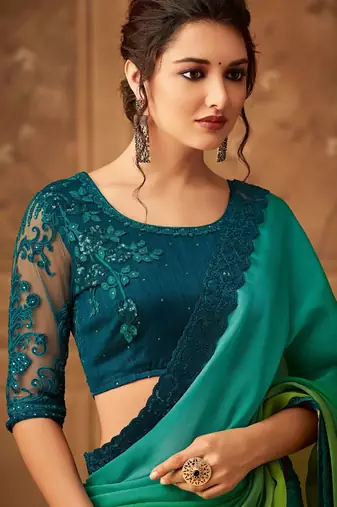 Green Silk Chiffon Stylish Embellished Saree,Sari Comes With Embroidered Blouse