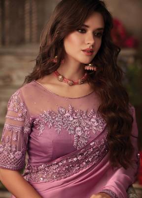 Pink Silk Chiffon Stylish Embellished Saree,Sari Comes With Embroidered Blouse 4