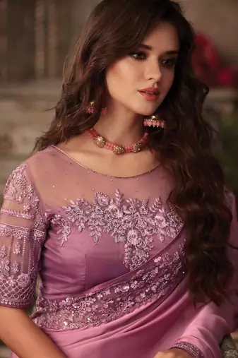 Pink Silk Chiffon Stylish Embellished Saree,Sari Comes With Embroidered Blouse