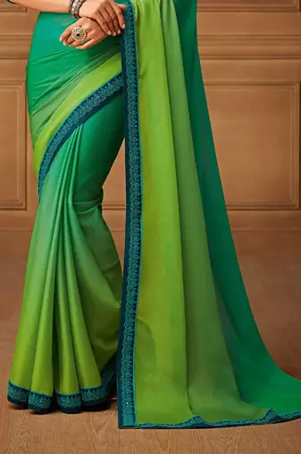 Green Silk Chiffon Stylish Embellished Saree,Sari Comes With Embroidered Blouse