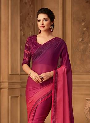 Pink Silk Chiffon Stylish Embellished Saree,Sari Comes With Embroidered Blouse 2