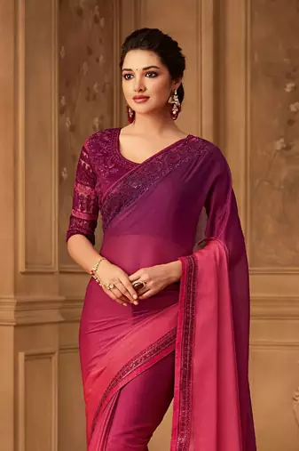 Pink Silk Chiffon Stylish Embellished Saree,Sari Comes With Embroidered Blouse