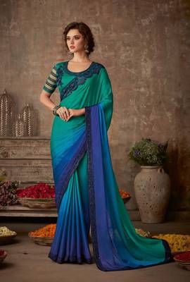 Blue Silk Chiffon Stylish Embellished Saree,Sari Comes With Embroidered Blouse 1