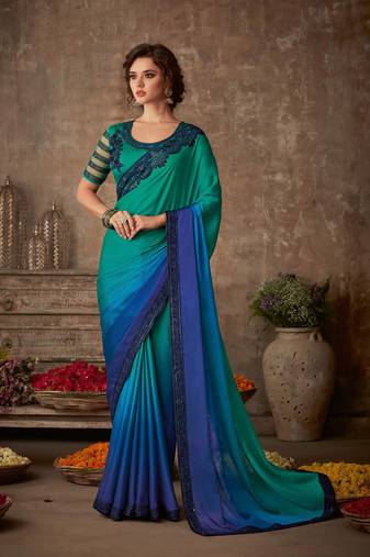 Blue Silk Chiffon Stylish Embellished Saree,Sari Comes With Embroidered Blouse