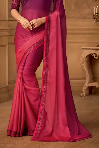 Pink Silk Chiffon Stylish Embellished Saree,Sari Comes With Embroidered Blouse