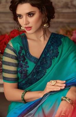 Blue Silk Chiffon Stylish Embellished Saree,Sari Comes With Embroidered Blouse 2
