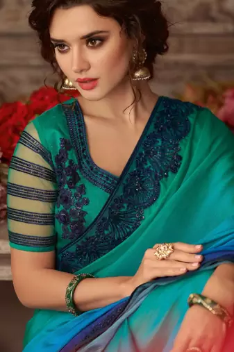 Blue Silk Chiffon Stylish Embellished Saree,Sari Comes With Embroidered Blouse