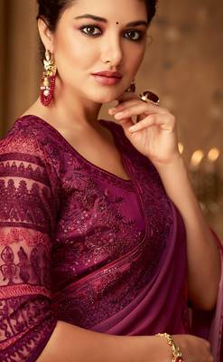 Pink Silk Chiffon Stylish Embellished Saree,Sari Comes With Embroidered Blouse 4