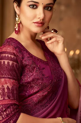 Pink Silk Chiffon Stylish Embellished Saree,Sari Comes With Embroidered Blouse