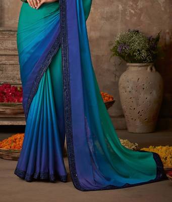 Blue Silk Chiffon Stylish Embellished Saree,Sari Comes With Embroidered Blouse 3